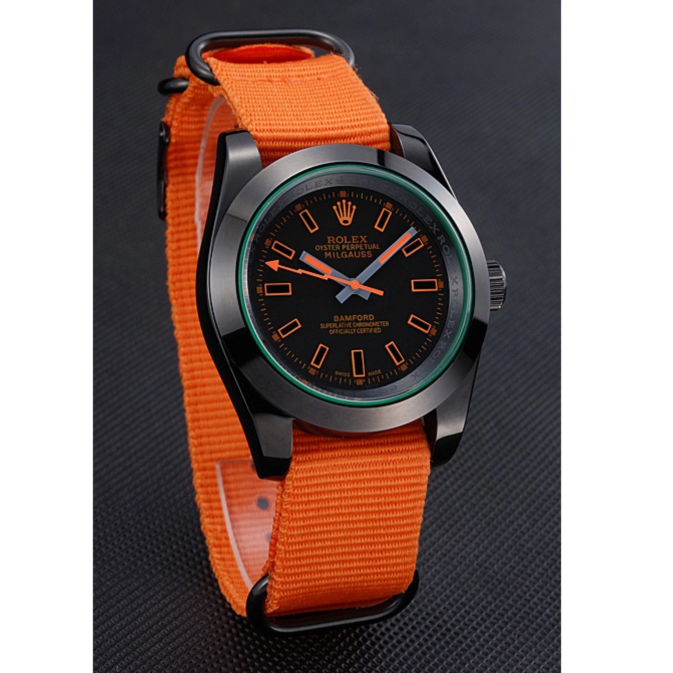 AAA replica watch 622003 Orange Rolex Strap Nylon Milgauss Bamford 0728